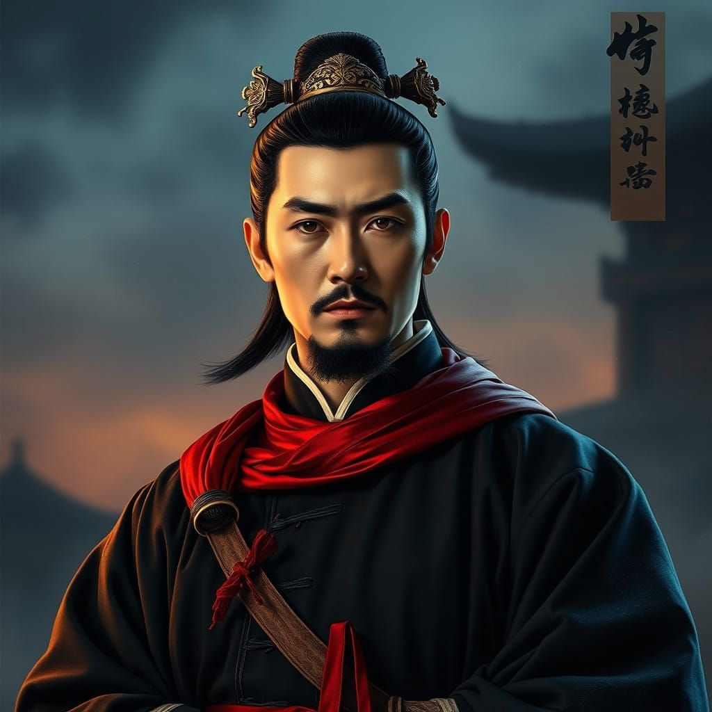 Medieval Chinese Official in Elegant Robes and Sword