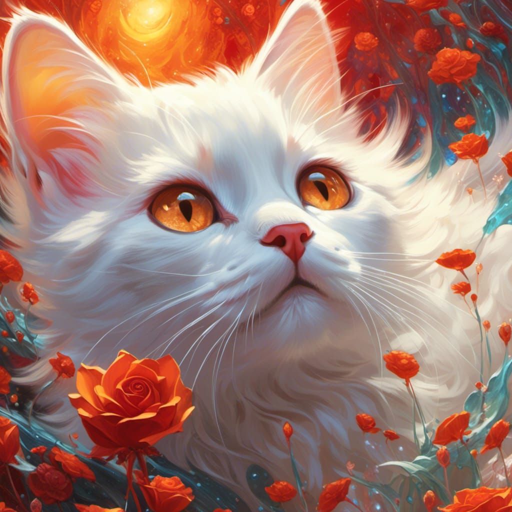 Adorable Kitten Gazing at Magical Rose in Bioluminescent For...