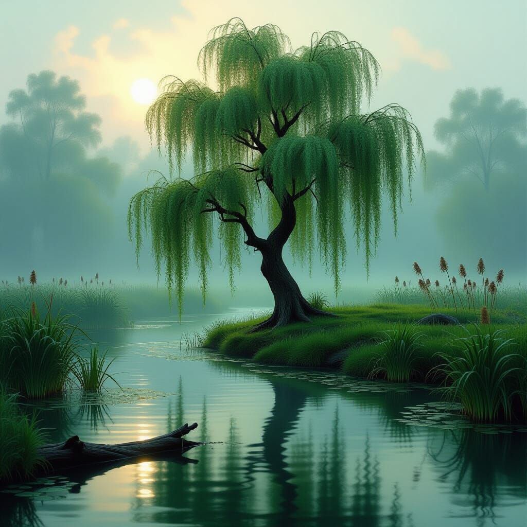 Ethereal Willow Tree in Mysterious Swamp Landscape