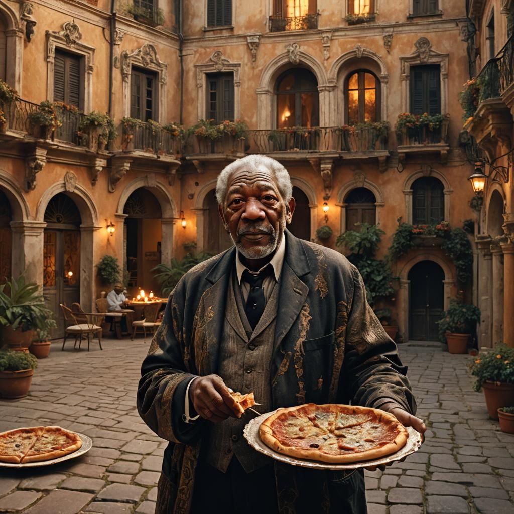 Morgan Freeman Enjoys Pizza: Ornate Digital Painting
