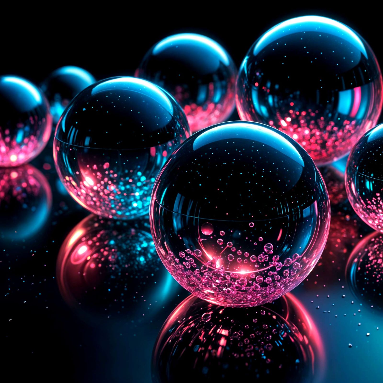 Elegant Glassy Orbs with Neon Reflections in Dark Space