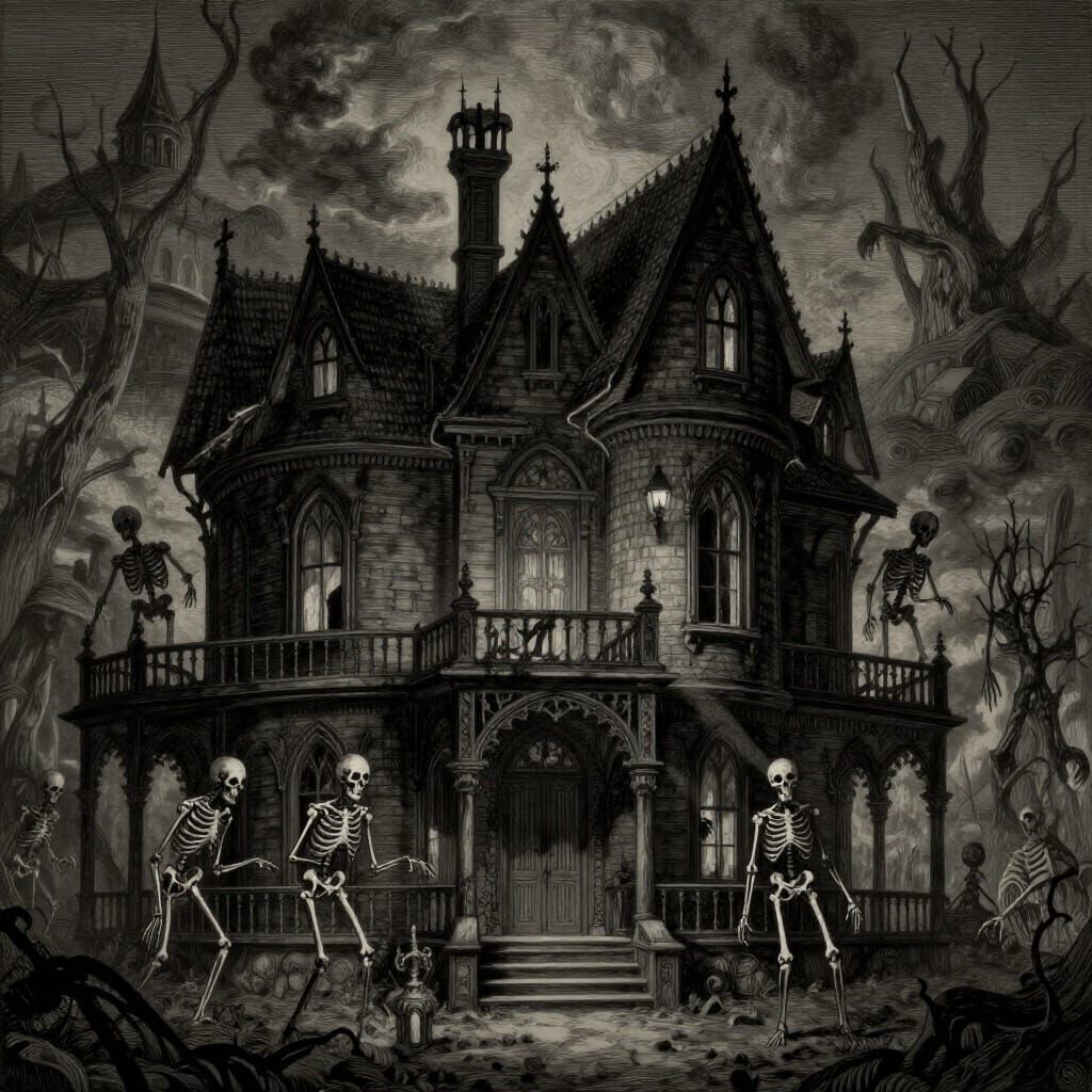 Haunted Gothic House with Skeletal Figures