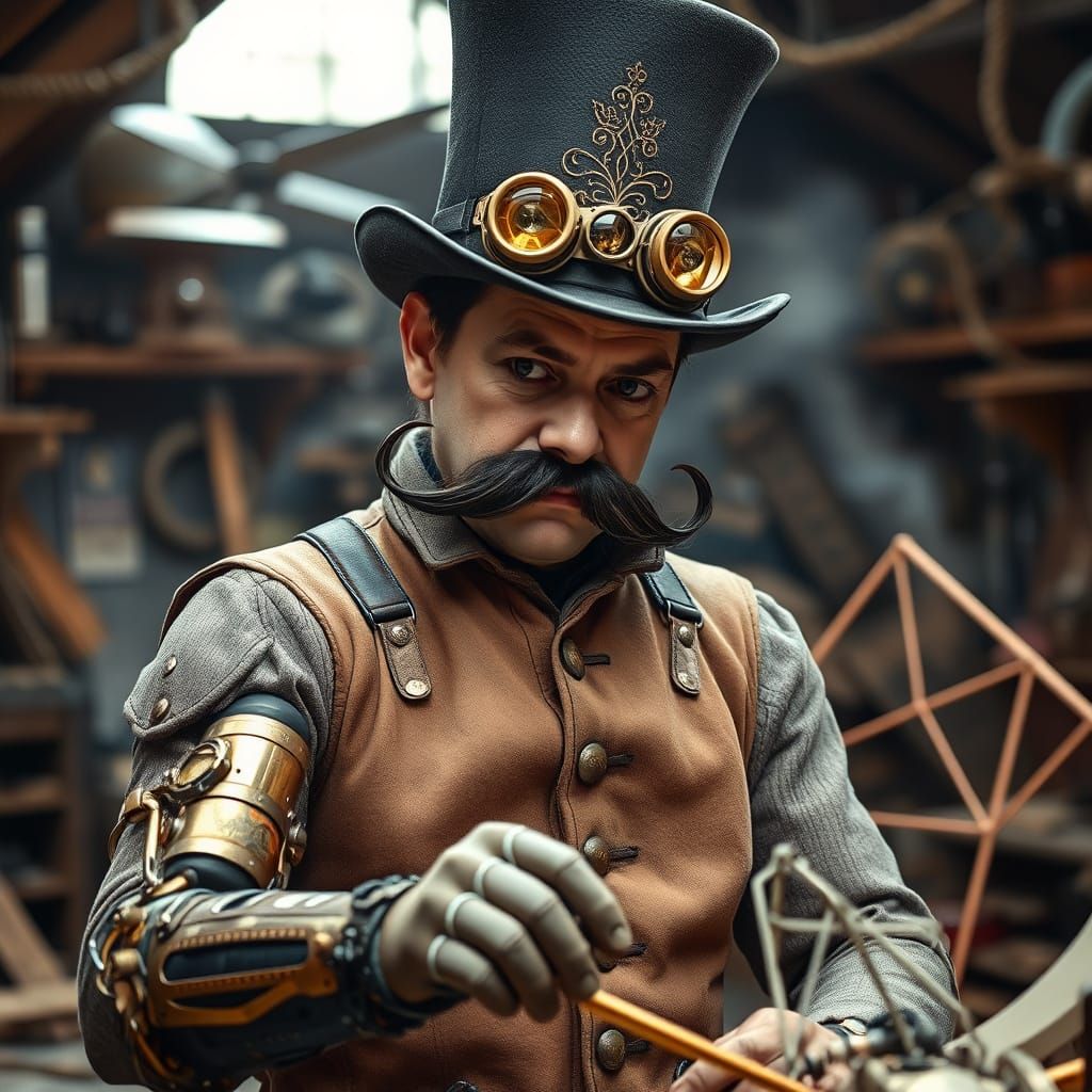 Steam Punk Inventor Crafts Hang Glider in Cluttered Workshop