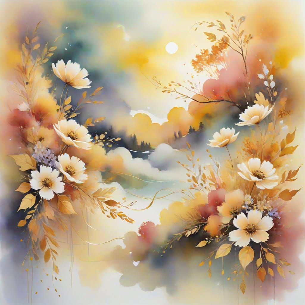 Abstract Floral Composition with Ribbons and Glitter