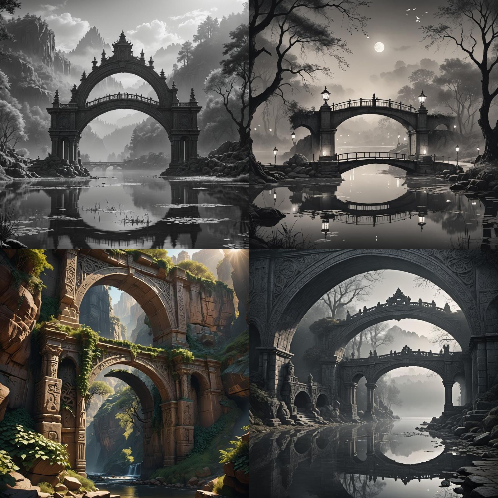 Arch Bridge Illustration in Black and White