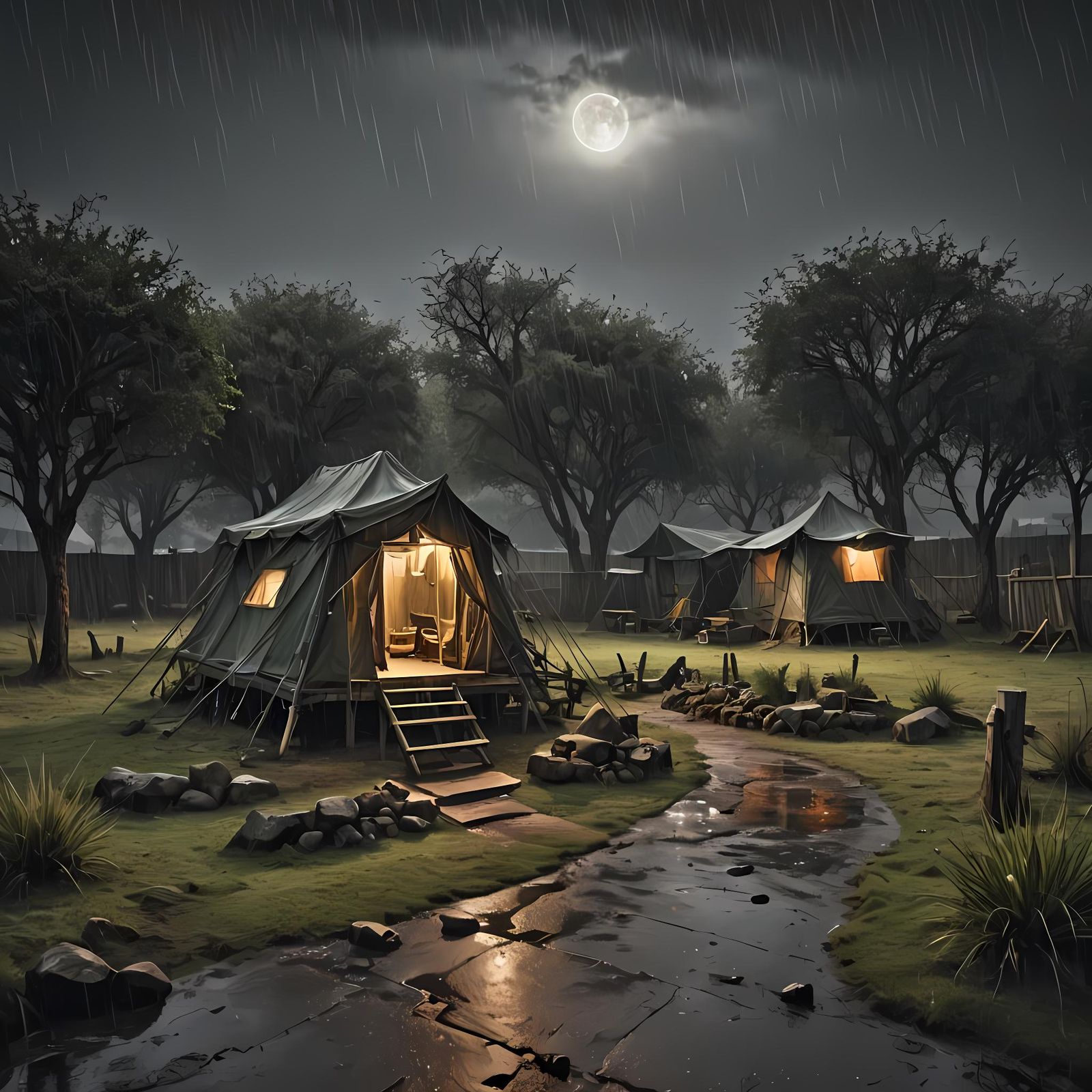 Dark Fantasy Encampment Under a Rainy Sky