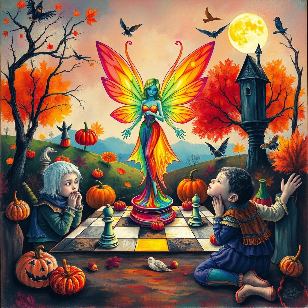 Halloween Kids Crayon drawings ,surreal autumnal  child's drawing Halloween  chess wonderland, fairy chess  , rayograph ...