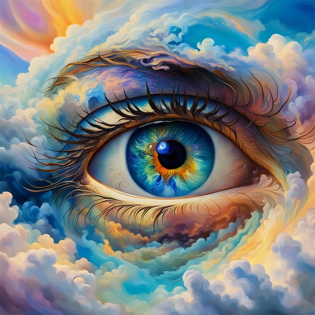 Surreal Stairway to an Eye in Dreamy Clouds