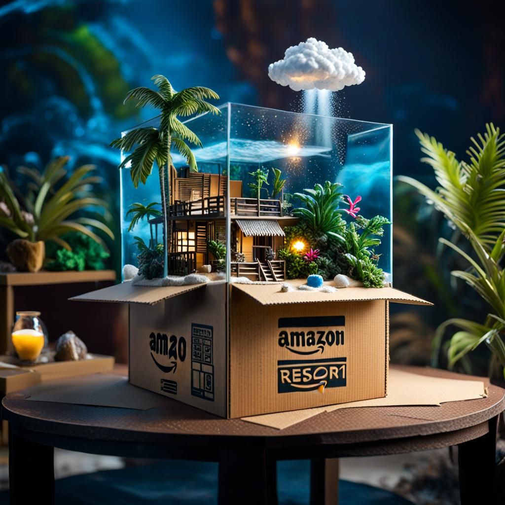 Miniature Tropical Resort Inside Amazon Box, CGI Art