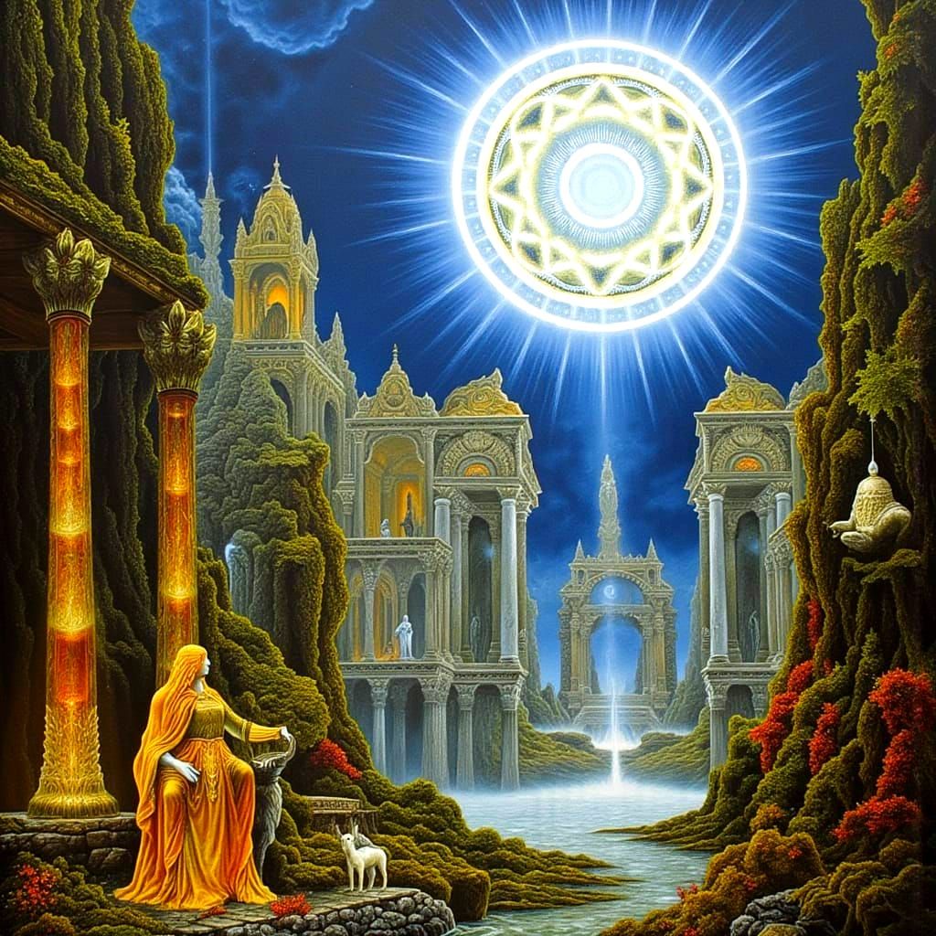 Surreal God Overlooks Ancient City in Oil Paint Style