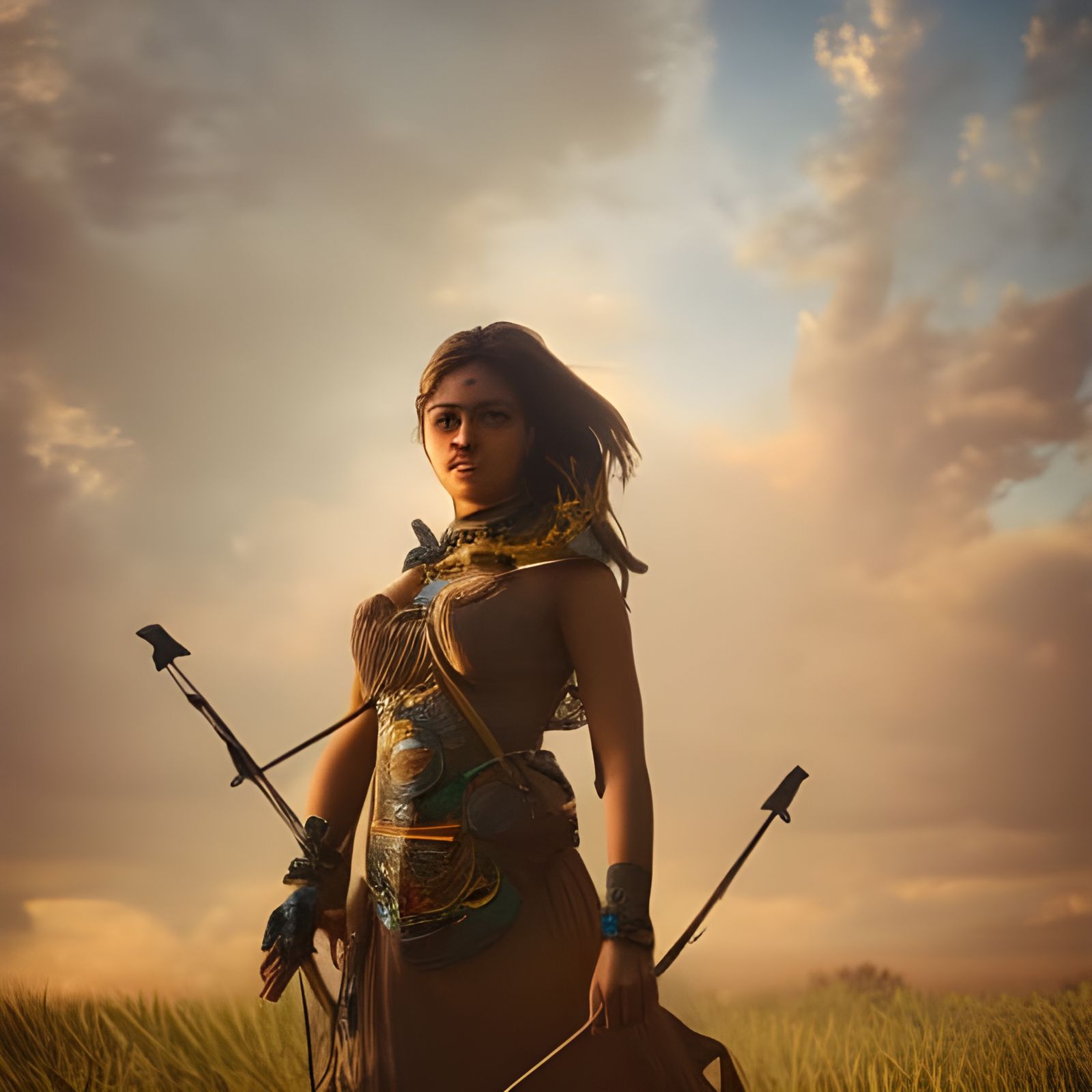 Female Archer in Wheat Field, Steampunk Photography
