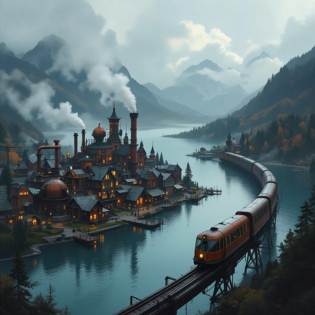 Ominous Steampunk Town on Lake in Dark Fantasy Style