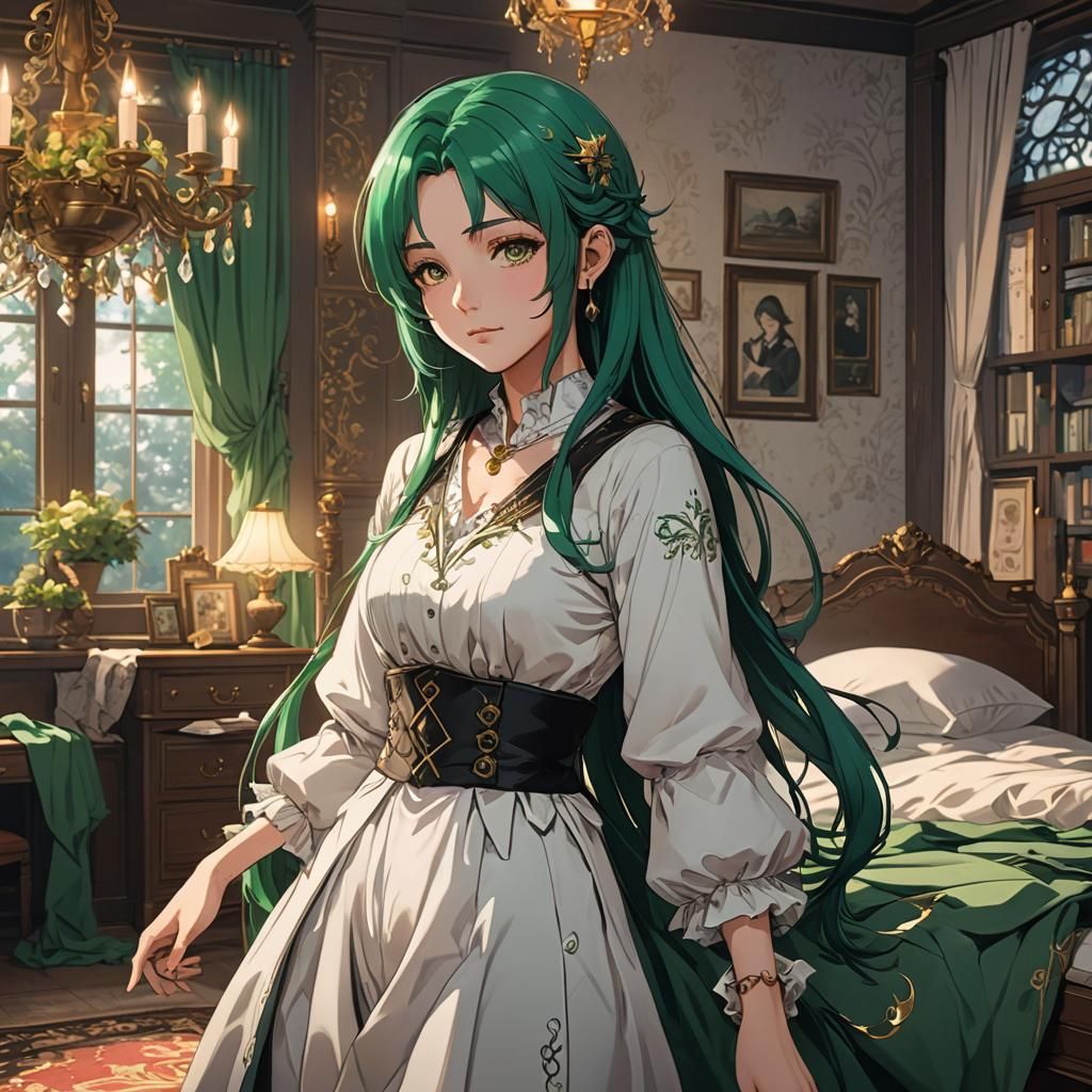 Green-Haired Girl in Magical Bedroom, Anime Style