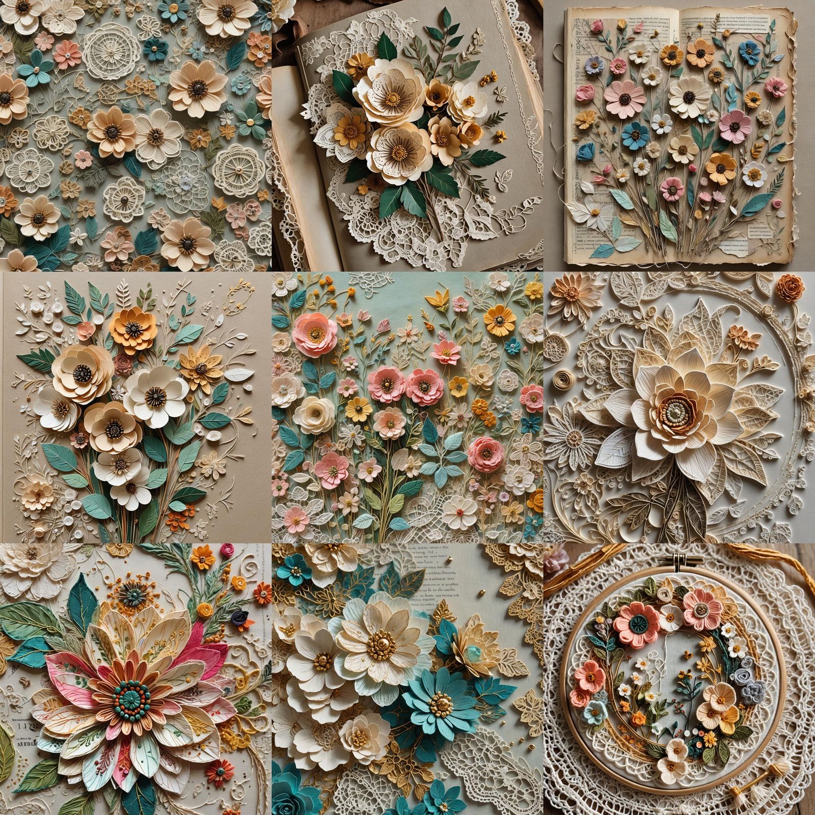 Embroidered Paper Flowers on Crochet Lace