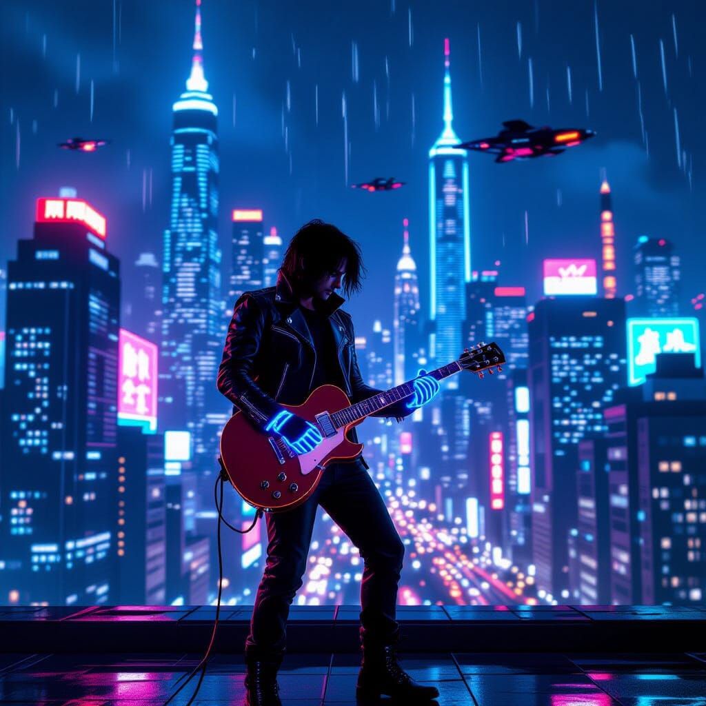 Cyberpunk Guitarist Silhouetted Against Neon City