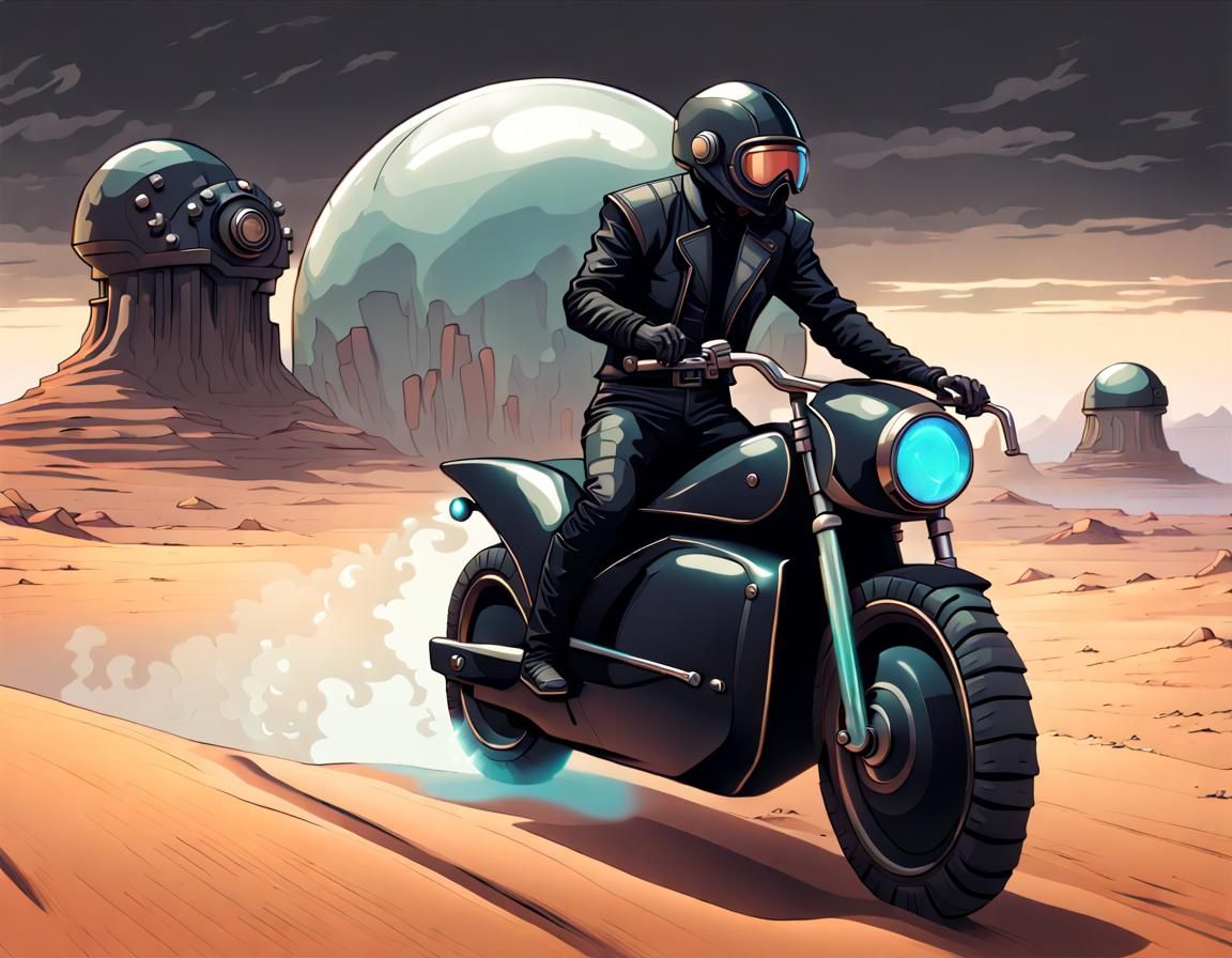 Futuristic Steampunk Rider in Desert Storm