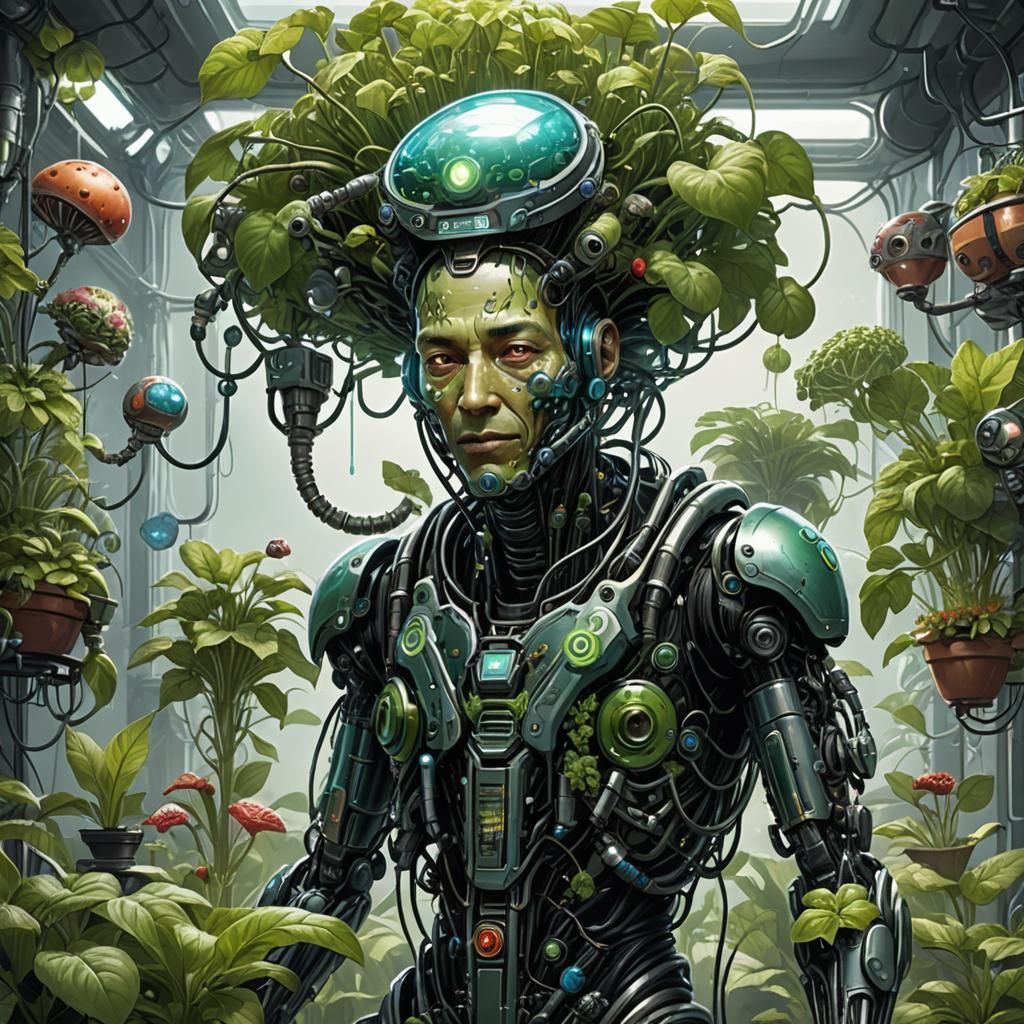 Biopunk Cyborg Gardener with Alien Plants