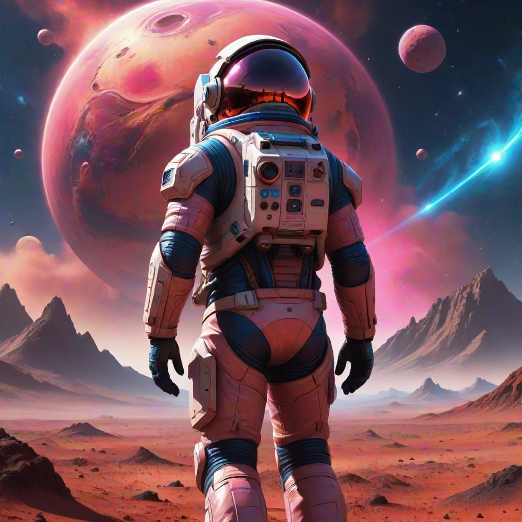 Astronaut on Red Planet Gazing at Cosmic Nebula