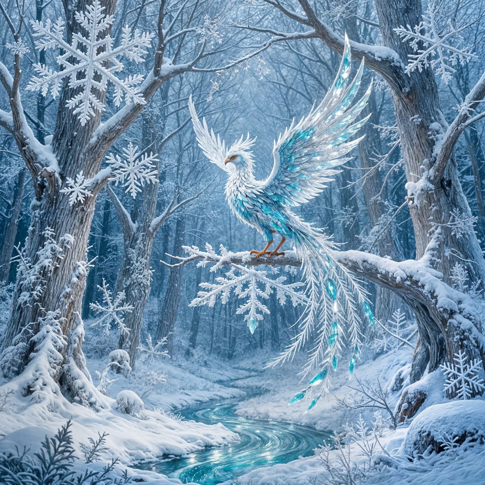 Enchanted Ice Forest with Crystal Phoenix