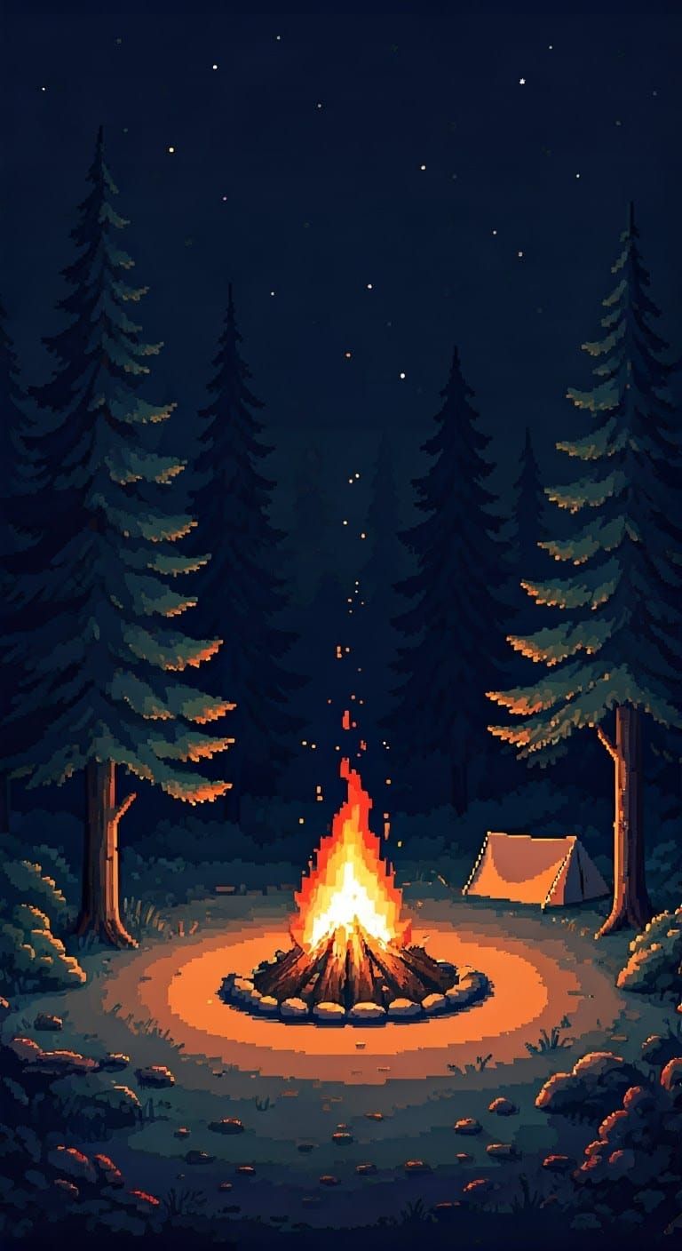 Pixel Art Campfire in Forest Clearing at Night