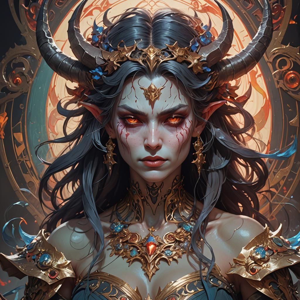 Detailed Portrait of a Female Demon in Art Nouveau Style