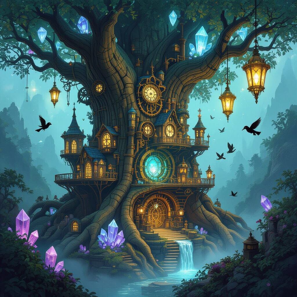 Steampunk City in a Tree, Art Nouveau Style