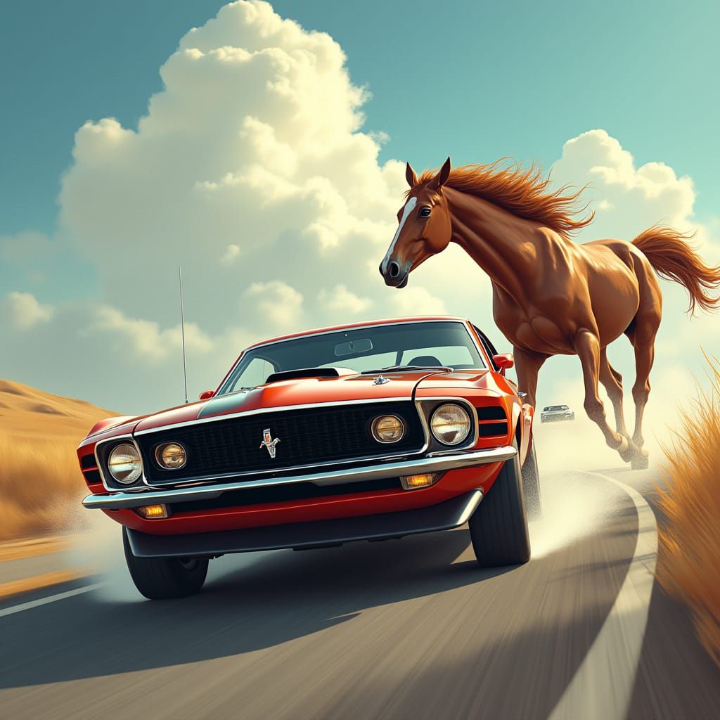 Vintage Mustang Muscle Car and Free-Spirited Mustang Horse i...