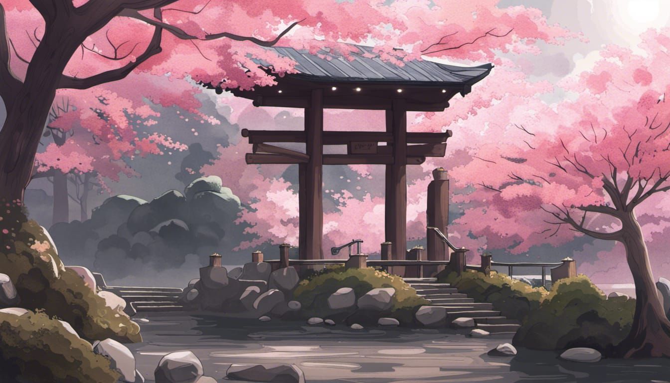 Mountain Shinto Shrine with Cherry Blossoms in Anime Style