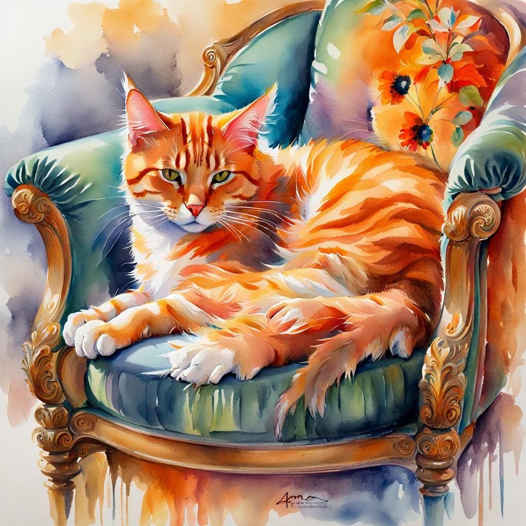 Orange Cat Napping in Watercolour Style