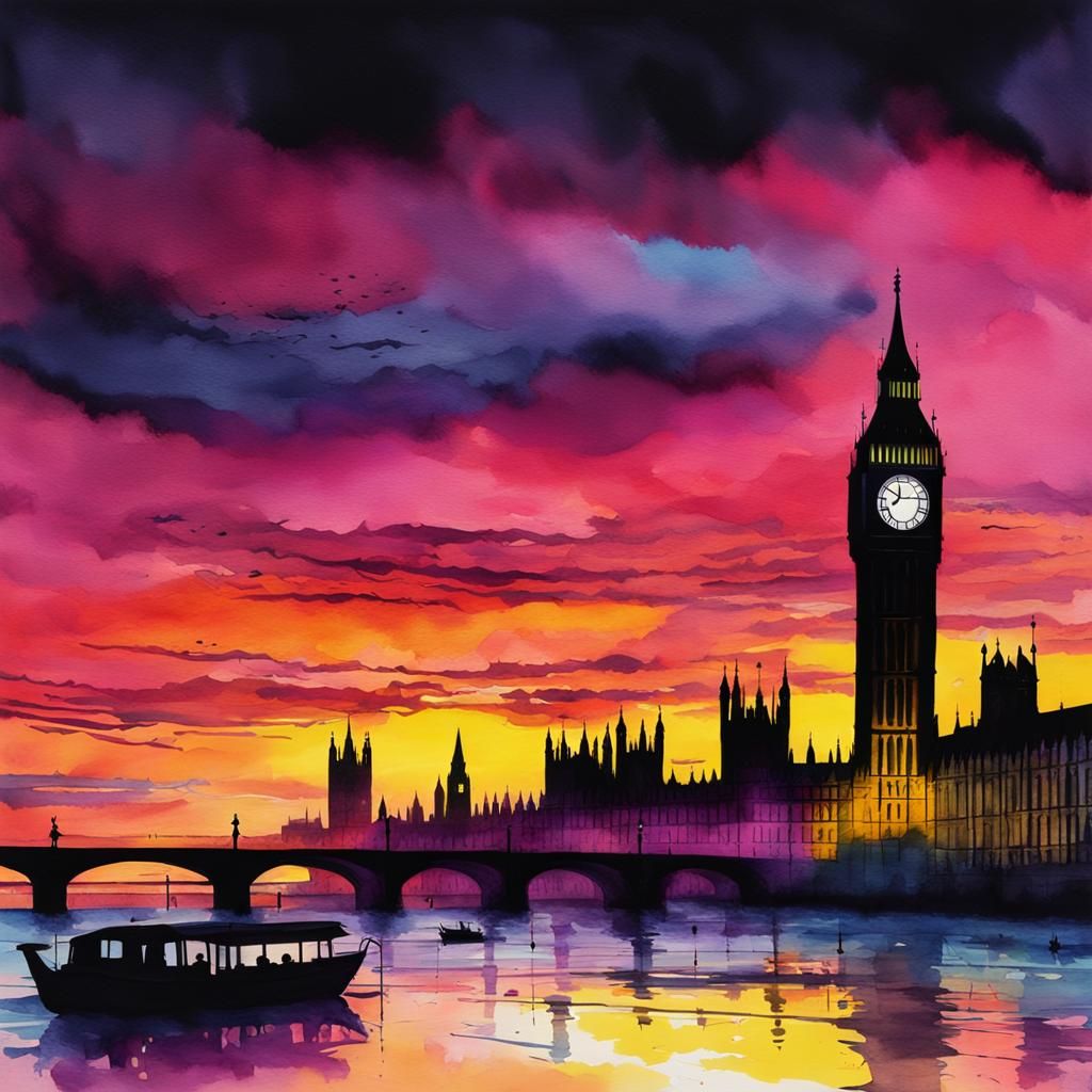Hyperrealistic Sunset Beach with Big Ben Silhouette