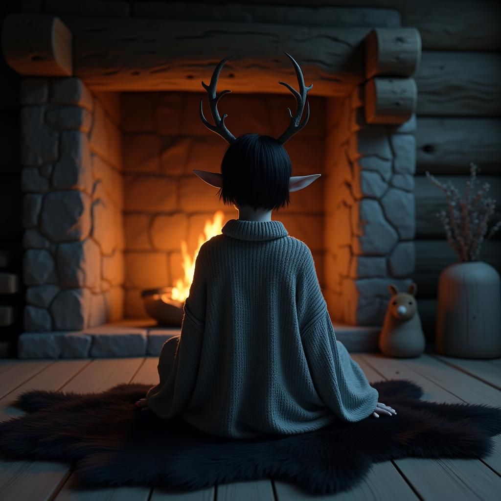Ethereal Elf with Deer Antlers in Rustic Cabin