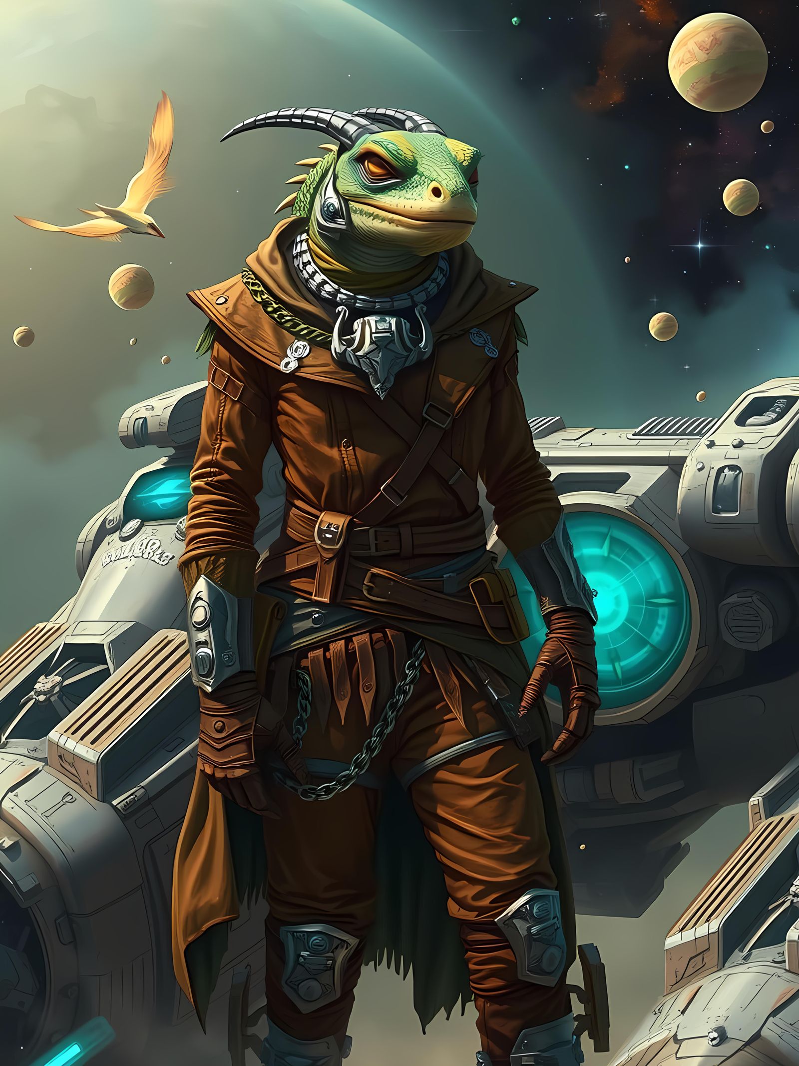 Lizardfolk Smuggler Captain in Sci-Fi Splash Art