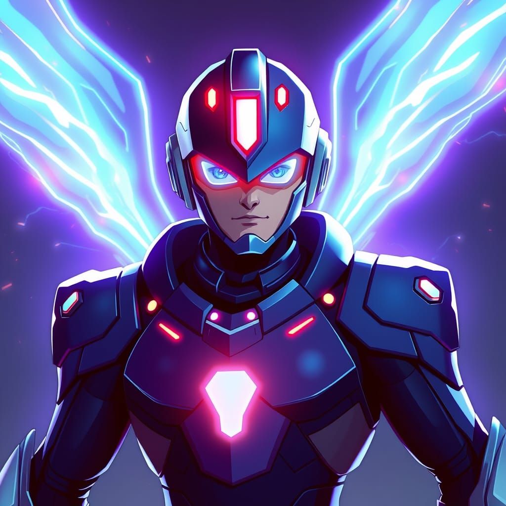 Megaman in Futuristic Blue Armor with Vibrant Energy Field
