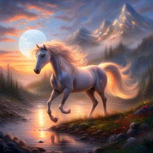 Fiery Horse in Ethereal Fantasy Landscape