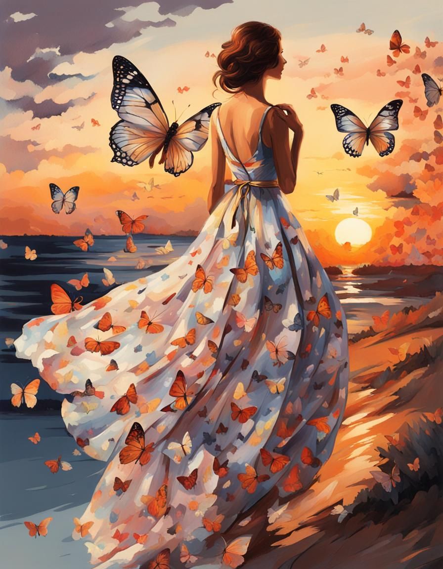 Woman in Butterfly Dress at Sunset