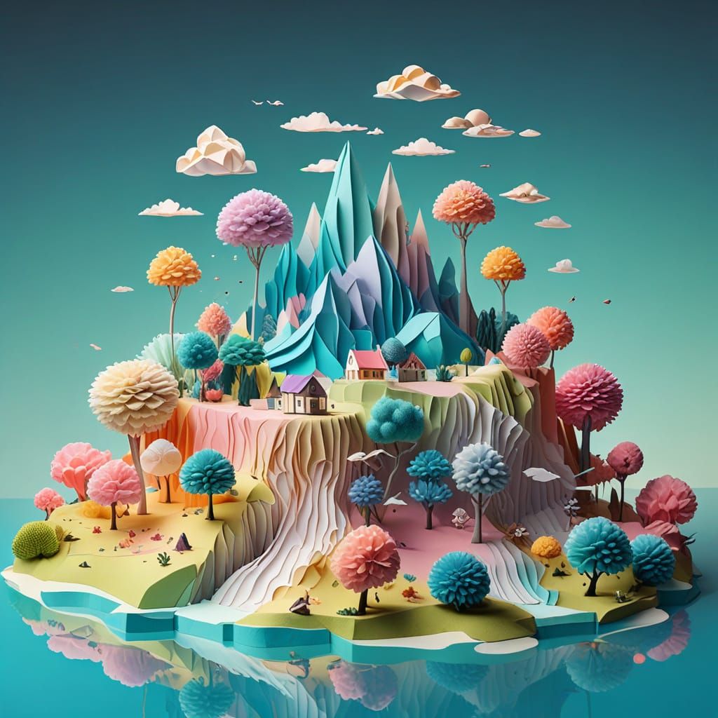 Whimsical Pom-Pom Islands in Pastel Origami Style
