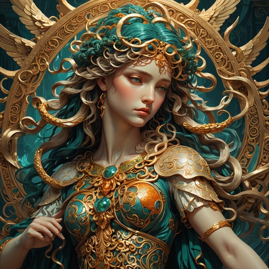 Angel with Medusa Head in Art Nouveau Style