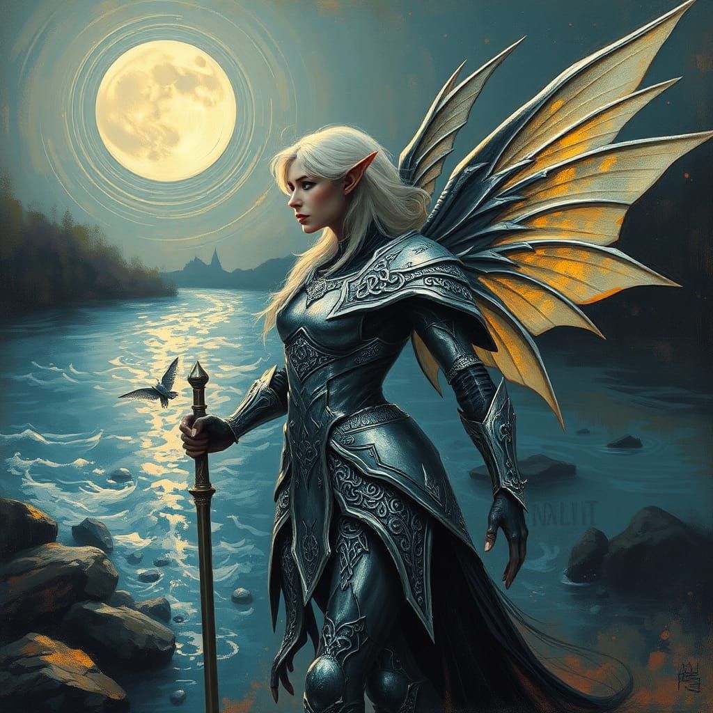 Ethereal Elf Warrior in Surrealist Landscape
