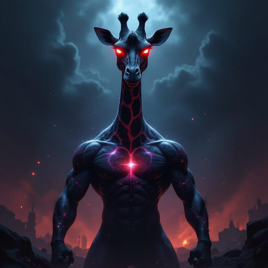 Cosmic Giraffe Villain with Sinister Red Eyes
