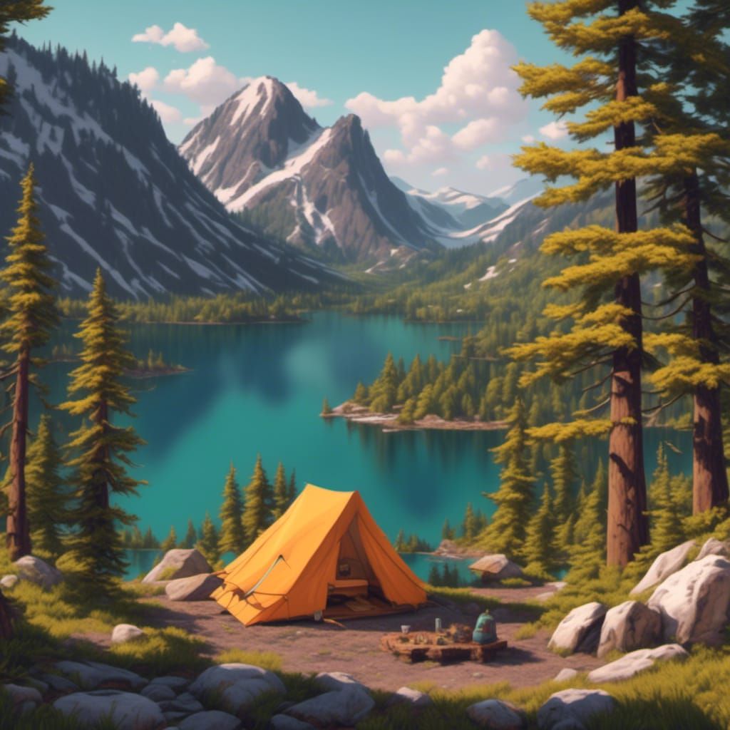 Mountain Lake Campsite Overlook in Pine Forest