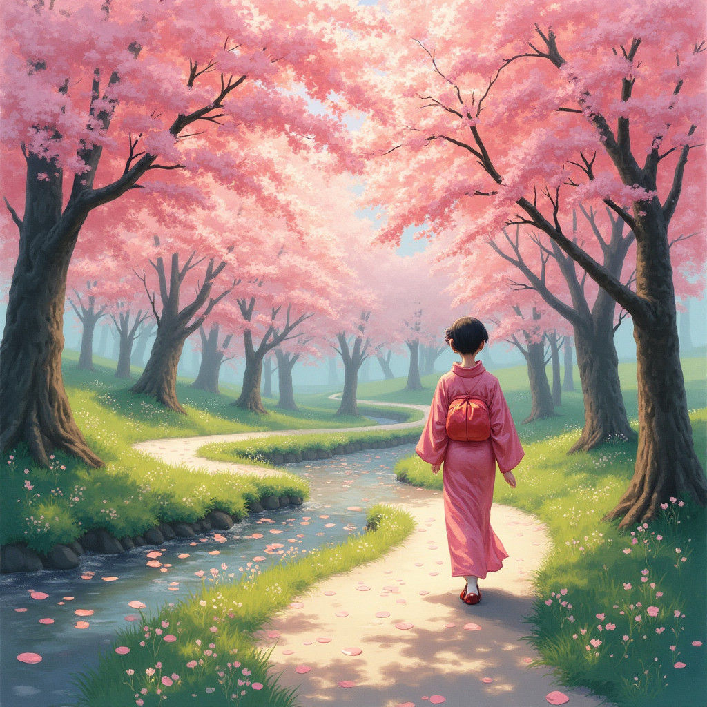 Japanese Woman in Cherry Blossom Park, Impressionist Style