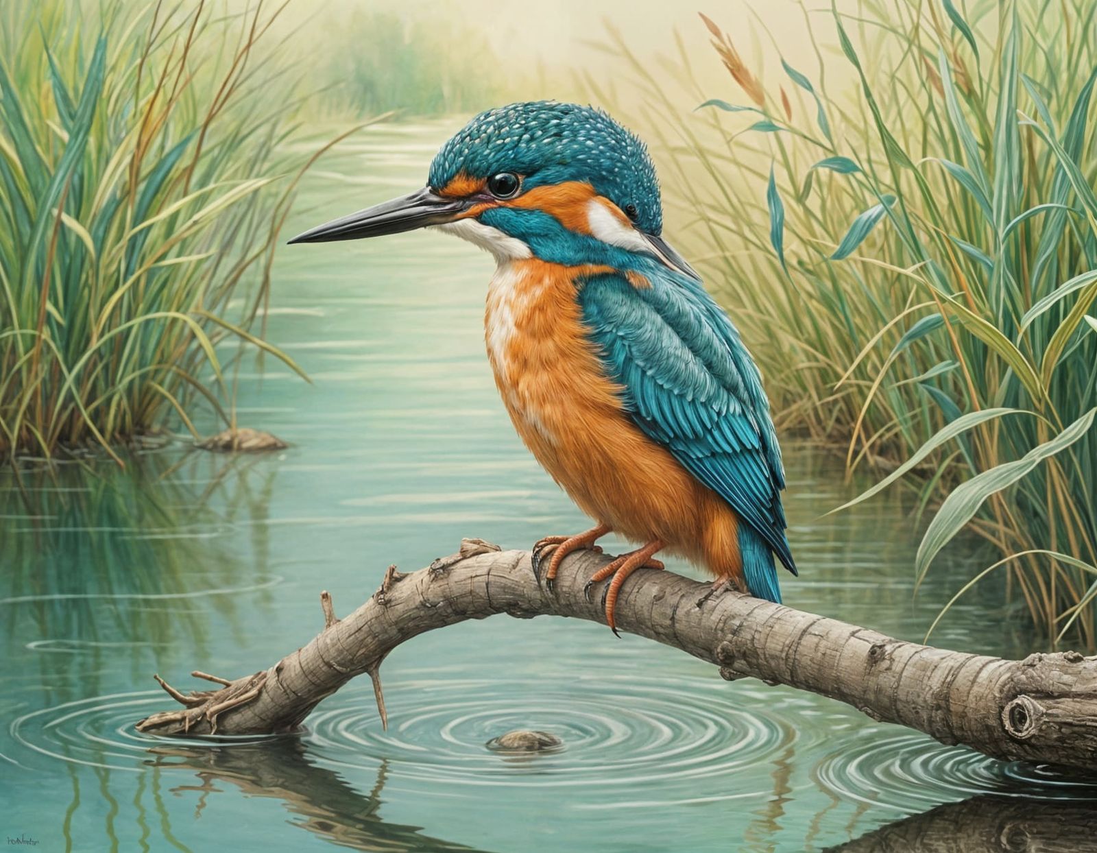 Vibrant Kingfisher Perched by a Serene River in a Whimsical...