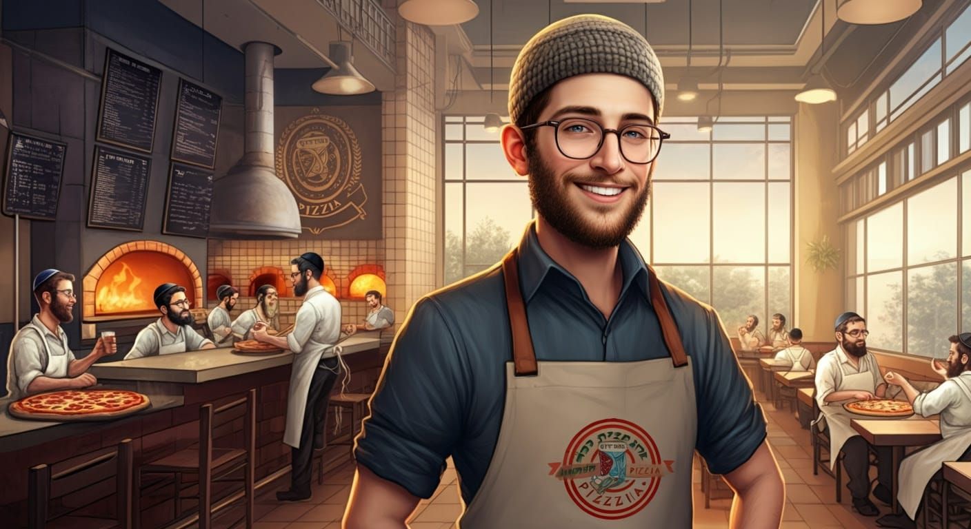 Entrepreneurial Jewish Pizzeria Owner in Modern Comic Style