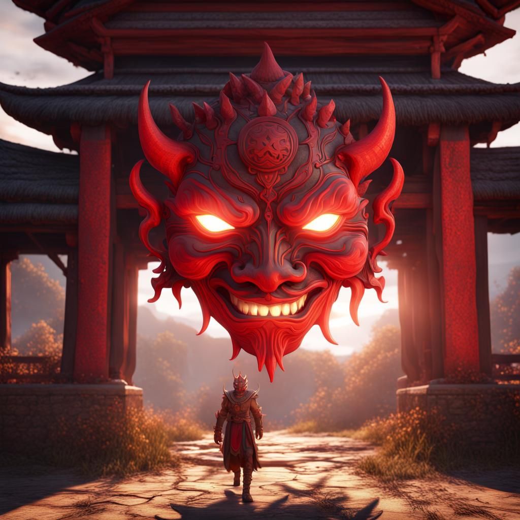 Red Oni Mask Glaring Over Village: Fantasy Art