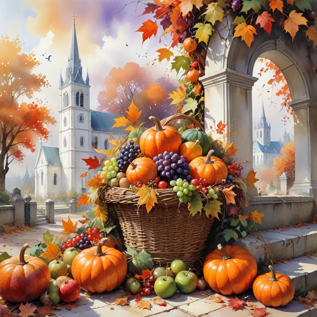 Overflowing Autumn Harvest Cornucopia with Robins and Ruins