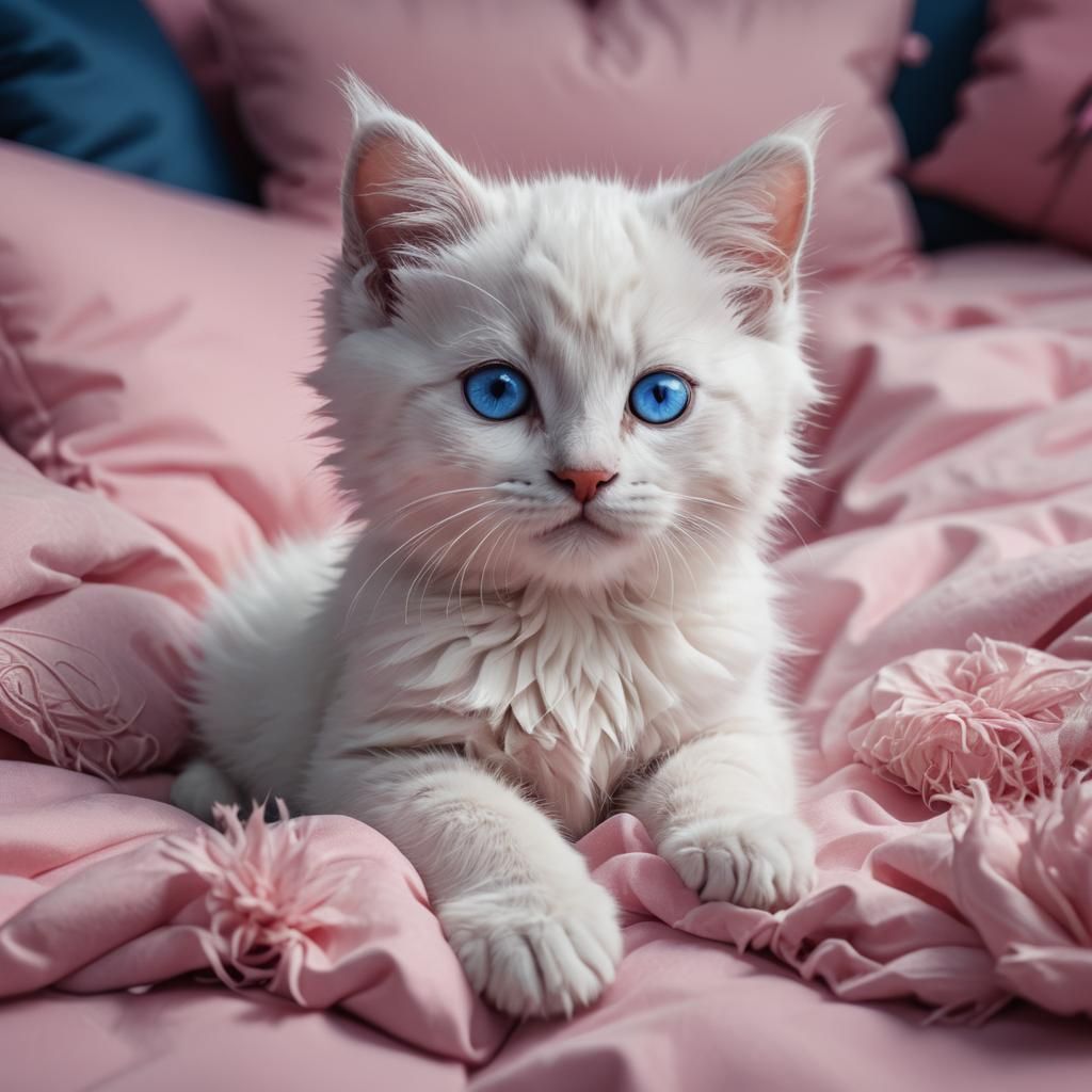 Fluffy Kitten with Blue Eyes on Pink Bed