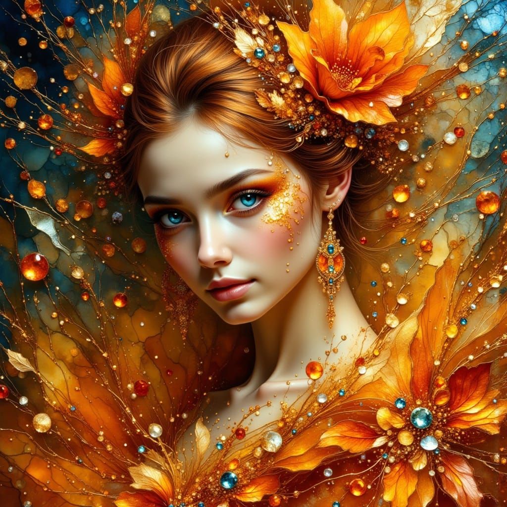 Woman in Vibrant Orange Gown with Sparkling Jewellery