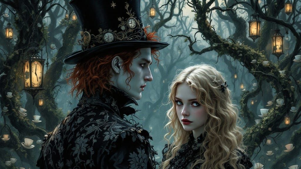 Mature Gothic Fantasy Scene with Theatrical Stillness