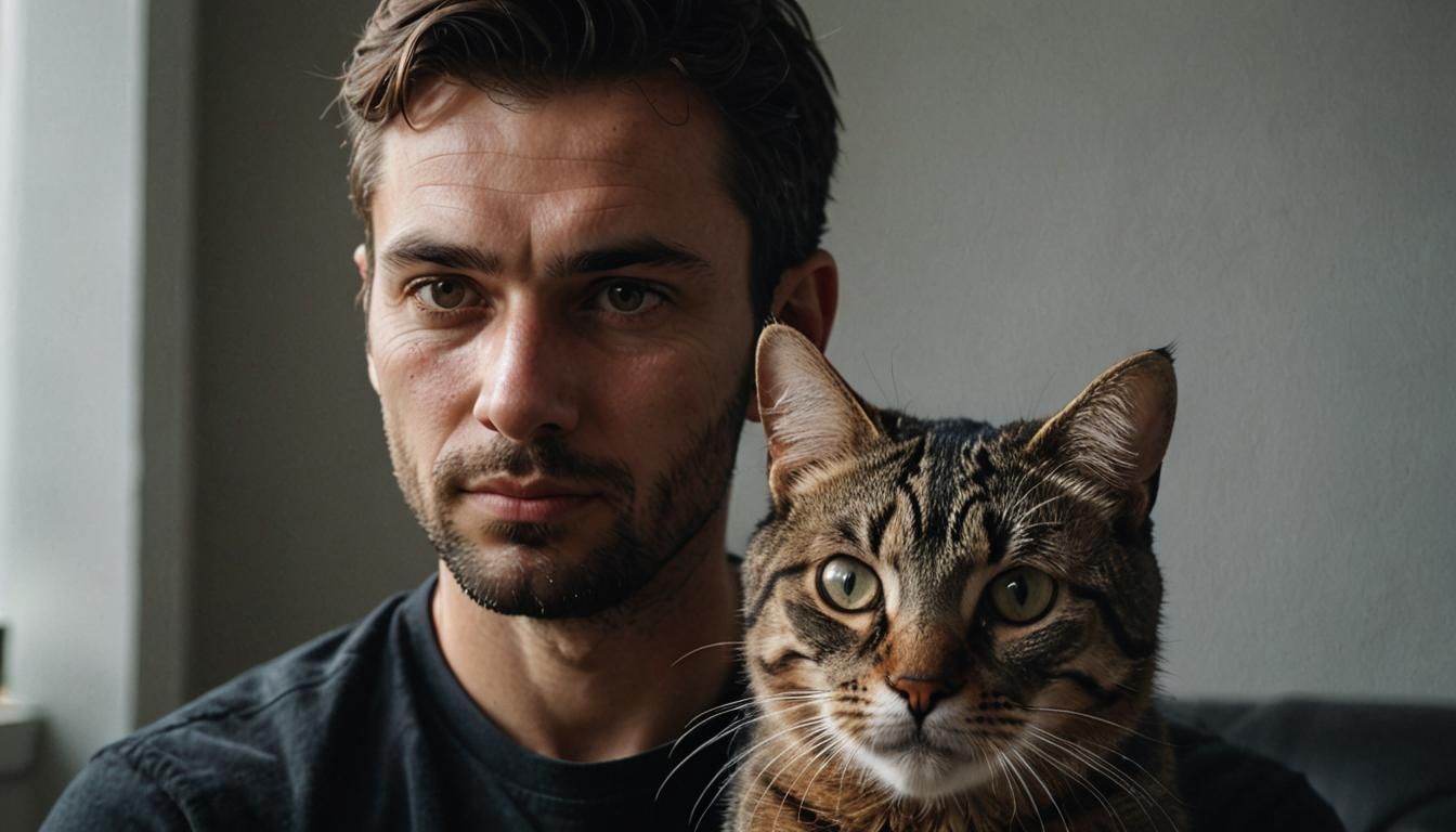 Realistic Portrait of Man Photobombed by Cat