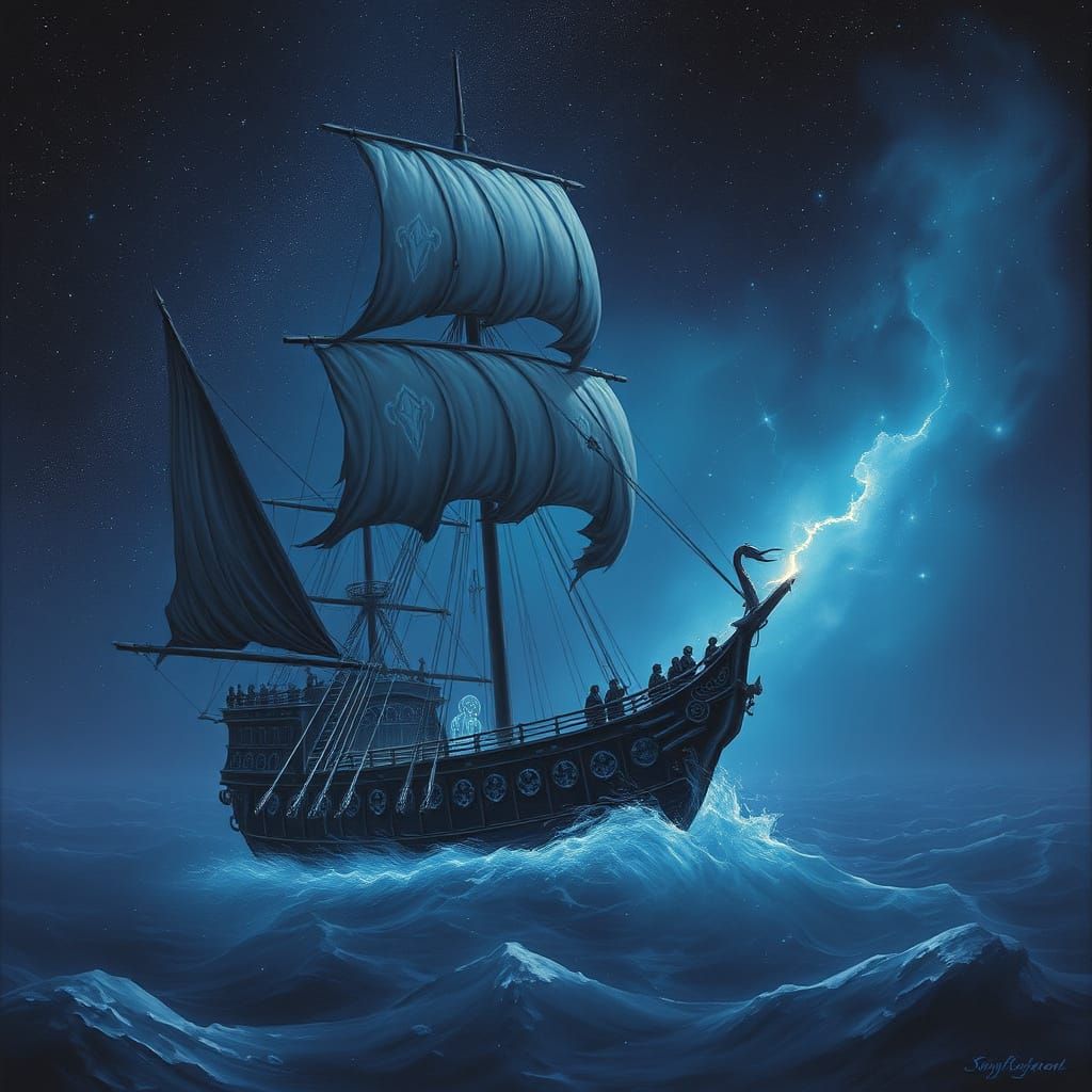 Ethereal Spectral Galleon Drifting Through Starry Seas